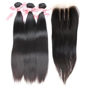 Wefts Greatremy Silkesly Straight Brasilian Virign Hair Weaves Top Lace Stängning 4x4 med mänskliga hårbuntar 4st/Lot Hairextension