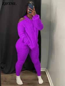 Women's Two Piece Pants Off The Shoulder Stretchy Knitted Sets Autumn Warm Outfits For Women Backless Sweater Hooded Tummy Control Tight