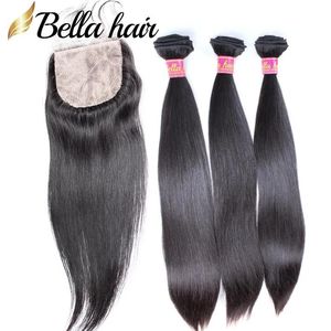 Wefts Human Hair Bundles with Silk Base Lace Closure 4x4 Straight Brazilian Malaysian Peruvian Indian Virgin Hair Weft Extensions 4pc Be