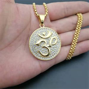 Hip hop gelado para fora redondo indiano yoga pingente colar 14k ouro amarelo ohm hindu budista aum om colar cor dourada índia jóias