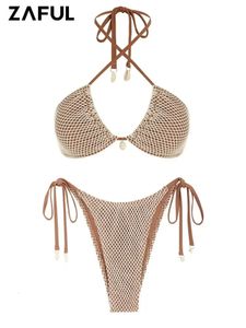 Kobiety w strojach kąpielowych w strojach kąpielowych Multiway Contrast Fishnet Halter Bandeau Side Tanga Tanga Tanga Tanga Tanga Zestaw Bikini Bathing 240102