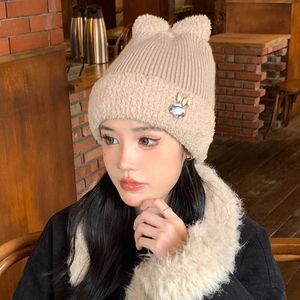 Beanie Skull Caps Winter New Hat Women's Cute White Woolen Big Headband Thickened Warm Rabbit Hair Ear Protection Knitted