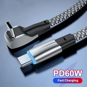 Elbow USB C to C Cable 60W Fast Charging Wire Data Cord for Samsung Huawei Type-C Fast Charge Braid Cable for Gaming Cord 1.2/2M