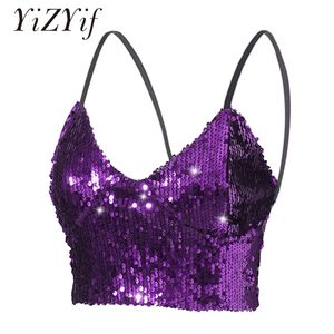 Blazers Shiny Sexy Camisole Women Festival Raves Crop Top Sparkling Sequin V Neck Tribal Belly Dance Top Zipper Back Crop Top Clubwear