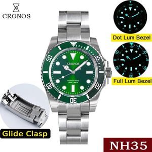 Relógios Cronos Diver observam homens pulseiras de aço inoxidável NH35 Moldura de cerâmica 20bars Relloj Hombre Glide Rellow Rellop relógio