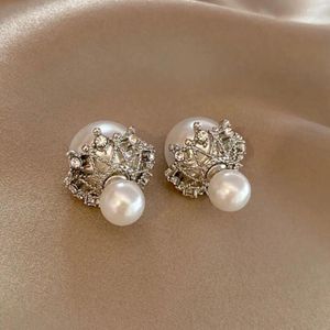 Dangle Earrings Korean Version With Simple And Minimalist Style Hollowed Out Crown Versatile Women's Size Double-sided Pearl