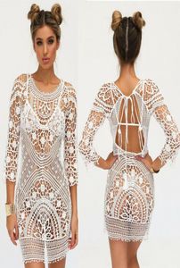 Summer Swimwear Cover Up Women White Lace Tunic Beach Dress Backless Bathing Suit Crochet Bikini Swimming Wear Sarongs2494494