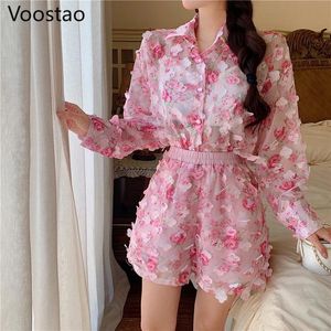 Skirts Sweet Fashion Chiffon 2 Piece Sets Women Summer Floral Blouse Loose Sun Proof Cardigan Tops High Waist Shorts Casual Chic Suit