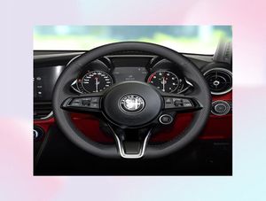 För Alfa Stelvio Giulia Diy Hand Sydd ratthandtag Täckläder Täck Black Leather2562596