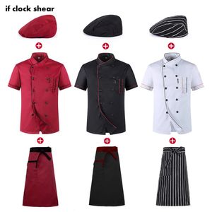 Chefs uniforme de manga curta conjunto verão restaurante el cozinha workwear homens e mulheres juventude respirável fino jaqueta chapéu avental 240102