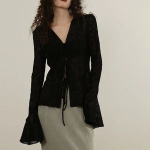 Houzhou seksi şeffaf bluz kadınlar dantel Kore moda harajuku uzun kolu Siyah goth ince gömlek y2k estetik