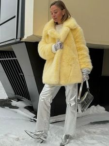 Extra dużego żółtego lapu puszysty futra do ciepłej solidnej kurtki dla kobiet na jesienne i zimowe damskie płaszcz przy imprezie High Street 240103