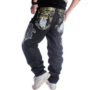 Erkekler kot pantolon baggy düz kaykay kanadı nakış geniş bacak denim pantolon hip hop moda sokak dans rap