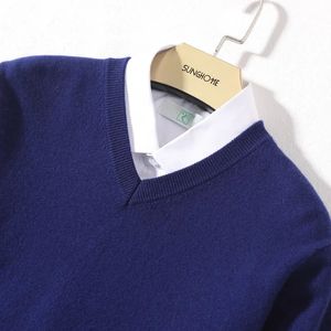 Mens Cashmere Cotton Blend Warm Pullovers Sweater V Neck Knit Winter Topps Manlig ull Knitkläder Jumpers 240103