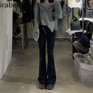 女子ジーンズファッション大規模デザインセンス斜めウエストフレア女性ルーズフィットハイストレートチューブシンモップロングパンツ