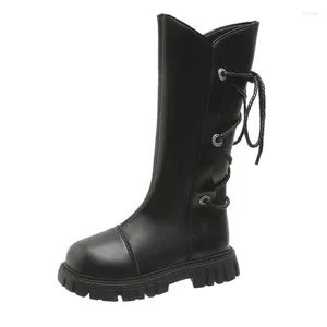 Botas crianças meados de salto joelho alto motocicleta moda inverno meninas cavaleiro longo lace up gladiador