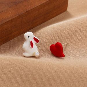 Stud Earrings Korean Trendy Pearl Small Earring Women Red Heart Asymmetrical Metal Ear Rings For Girls Jewelry Gift Accessories