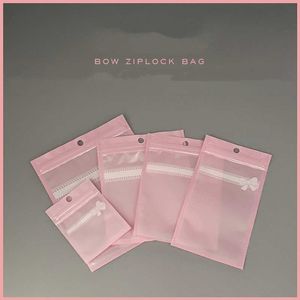 Pink Cute Bow Ziplock Packaging Bags Plastic Resealable Clear Front Zipper Pouch For Earring Rings Pearls Jewelry Jade Cosmetics Decorations Retail Lovely Storage