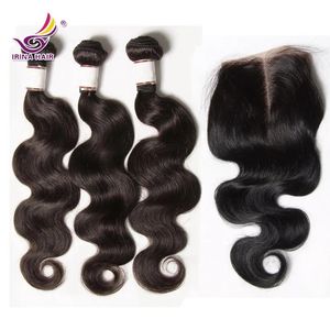 Wefts Free Middle 4*4 Top Lace Closure Body Wave With Virgin Malaysian Silky Straight Human Hair Weft 4pcs mycket mjuk Remy Vody Wave Weave