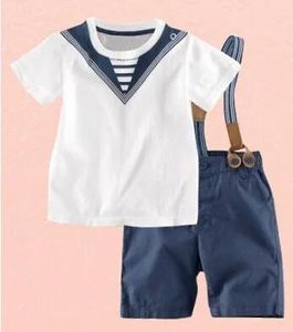 セットベイビーボーイズ服セット半袖ネイビースタイルTシャツ +ストラップパンツ2PCS幼児服セット80120フィット15AGEキッズスーツTR89