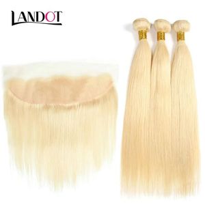 Wefts 9A Grade 613# Bleach Blonde 13x4 Lace Frontal Closures With 3 Bundles Brazilian Peruvian Indian Malaysian Straight Virgin Human Ha