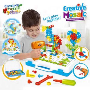 Blocks Drilling Screw 3D Creative Mosaic Puzzle Toys For Children Building Bricks Toys Kids DIY Electric Drill Set Boys Educational Toy Q