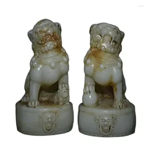 Dekorative Figuren, 11,8 cm, chinesische weiße Hetian-Jade, geschnitzt, Fengshui-Tier, Löwe, Reichtum, Bixie-Statue, Paar