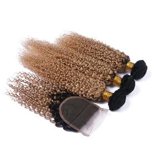 WEFTS #1B/27 Honey Blonde Ombre Brazilian Virgin Kinky Curly Human Hair Weave Bundle z ciemnymi korzeniami jasnobrązowe Ombre 4x4 Zamknięcie koronkowe