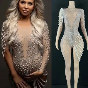 Embellished Maternity bodysuit for pregnancy photoshoot Luxury Club Charming Sexy Beading Women Pearl Rhinestion Jumpsuits