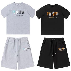 Trapstar Tracksuit Stylish T-shirt & Short Pants Men Pullover Sleeve Letter Print Set 2 Piece Solid Color Black Cotton Breathable