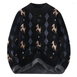 Мужские свитера #4332, черный, серый, белый вязаный свитер из мохера, мужской теплый зимний пуловер, трикотаж с изображением лошади, мужской круглый вырез