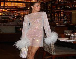 Casual Dresses Aniow Design Fur Feather Sleeve Cuffs Shine Sheer Mesh See Through Mini Dress Sexy Party Club Robe Women Clothing V2614336