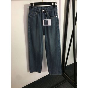 Grundläggande casual klänningar Vår/sommar kvinnors full kropp Hot diamant en bokstav fram blixtlås med hög midja bred ben denim byxor