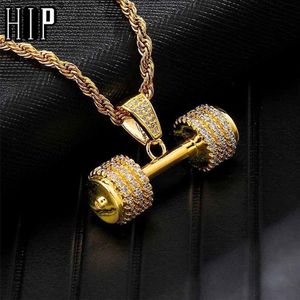 Hip hop bling strass corda corrente colares barbell ginásio fitness haltere ouro cor pingentes de mão para homens jóias 275g