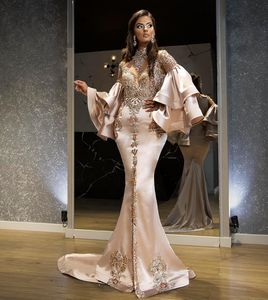 Flare Rleeves Długie szampan syrenki wieczorowe sukienki z koralikami Arabic Arabic Luxury Celebrity Dress for Women 2024 Formal Concert Suknie