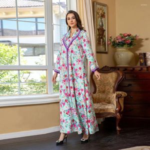 Ethnic Clothing Dubai Turkish Fashion Floral Spring Abayas Saudi Moroccan Women Kaftan Long Sleeve V-Neck Elegant African Dress 2024