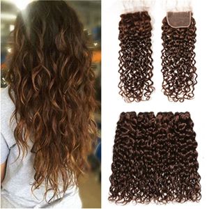 Wefts #4 Dark Brown Malaysian Wet and Wavy Human Hair 4Bundles with Closure Chocolate Brown Human Hair Weave Wefts with 4x4 Lace Front C