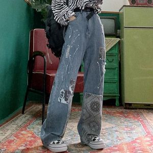 Jeans retro kvinnor höga midja breda ben byxor ing jeans gata hip hop kvinnor plus storlek jeans stilig bf lös rak ben jean