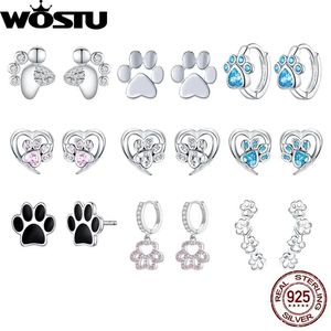 Ohrstecker Wostu Sterling Silber Pfote Hund Ohrringe Haustier Fußabdruck Ohrstecker Zirkon Schmuck für Frauen Hochzeit Party Geschenk