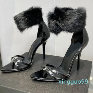 O mais recente designer de sandálias finas de vison de couro de luxo moda feminina top vestido sapatos de salto alto apontado para trás zíper festa formal sapatos de jantar com caixa