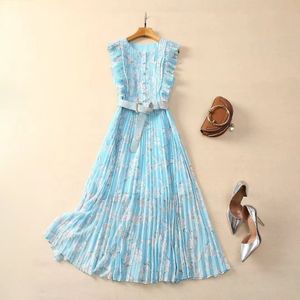 Europe and the United States women's 2024 winter new Round neck sleeveless print wood ears fashion Pleated dress with belt XXL