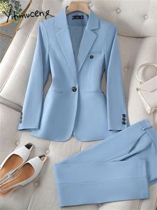 Capris Yitimuceng Blue Suit for Women 2023 Fashion maniche lunghe Lady Botton Blazer Chic High Weling Pants Set da 2 pezzi