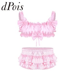 Underpants Men Sissy Satin Lingerie Set Ruffled Frilly Straps Wirefree Bra Top with Bloomer Tiered Skirted Panties Male Sexy Underwear