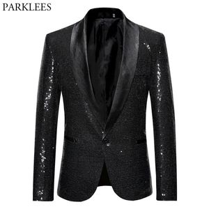 Jackets Black Sequin One Button Shawl Collar Suit Jacket Men Bling Glitter Nightclub Prom Dj Blazer Jacket Men Stage Clothes for Singers