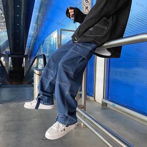 Calças de brim de carga dos homens calças largas perna denim calças de brim soltas em linha reta baggy jeans masculino fasnion hip hop streetwear calças de brim neutras 240103