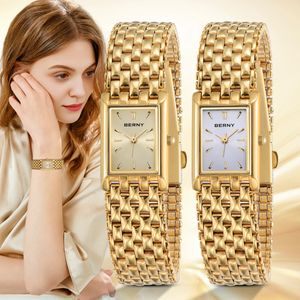 Berny Gold Watch for Women Square Ladies Quartz armbandsur Rostfritt stål Kvinnor Small Gold Watch Luxury Casual Fashion Watch 240102