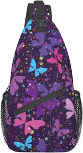 Mochila Brilhante Fantasia Roxo Borboleta Céu Estrelado Sling Crossbody Bag Viagem Peito Daypack Caminhadas Ombro para Adulto