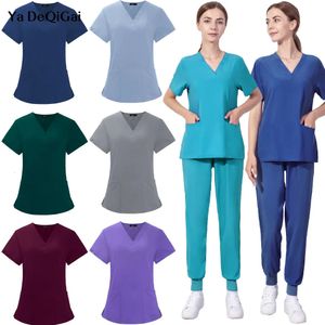 Workwear Nursing Women Scrubs Pants Elastic Wholesale Working Uniform Short Sleeve Neck Tops Dental Hospital Suits 240102