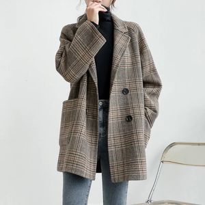 Naizaiga 100 yün kadın yün katlı orta uzunlukta bej kahve ekose palto çift taraflı yünlü kumaş greatcoat ksdr8 240103