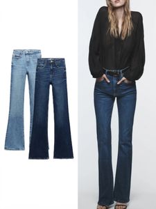 ZBZA Jeans a zampa a vita alta da donna Autunno effetto lavato Aumento Cinque tasche con bottoni e zip Gambe svasate elasticizzate 240103